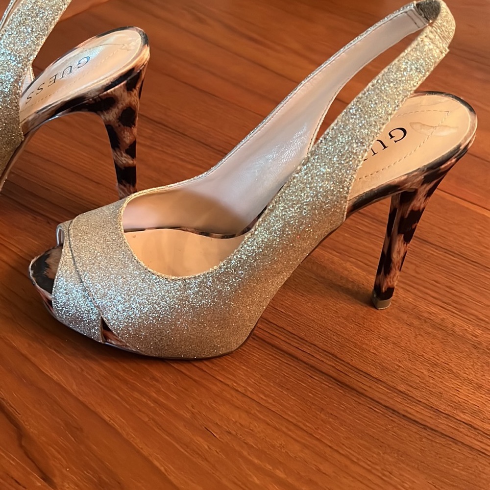 Guess Gold Glitter Open Toe Sling Back Sparkly High Heel Pumps - Size 6